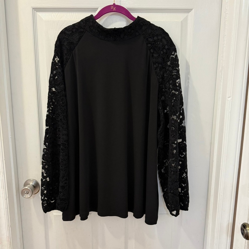 Susan Graver Women's Plus Size 3X Black Lace Long Sleeve Mock Neck Top Stretch